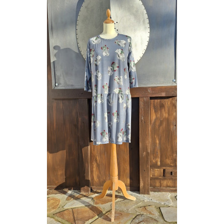 Kleid - Rüsche - grau geblümt